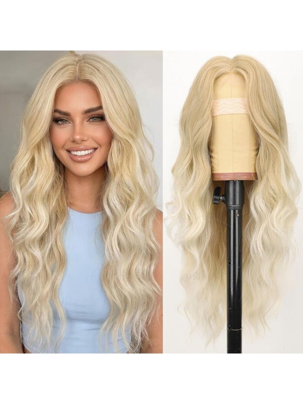 Women's Light Blonde Lace Hairline 26 Inch Synthetic Heat Resistant Wavy Wigs